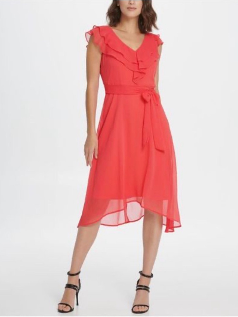 DKNY Coral Ruffle High-Low V-Neck Dress with Waist Tie